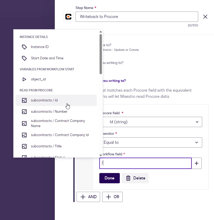 The variable picker in the Writeback rule with subcontracts / Id under Read from Procore.