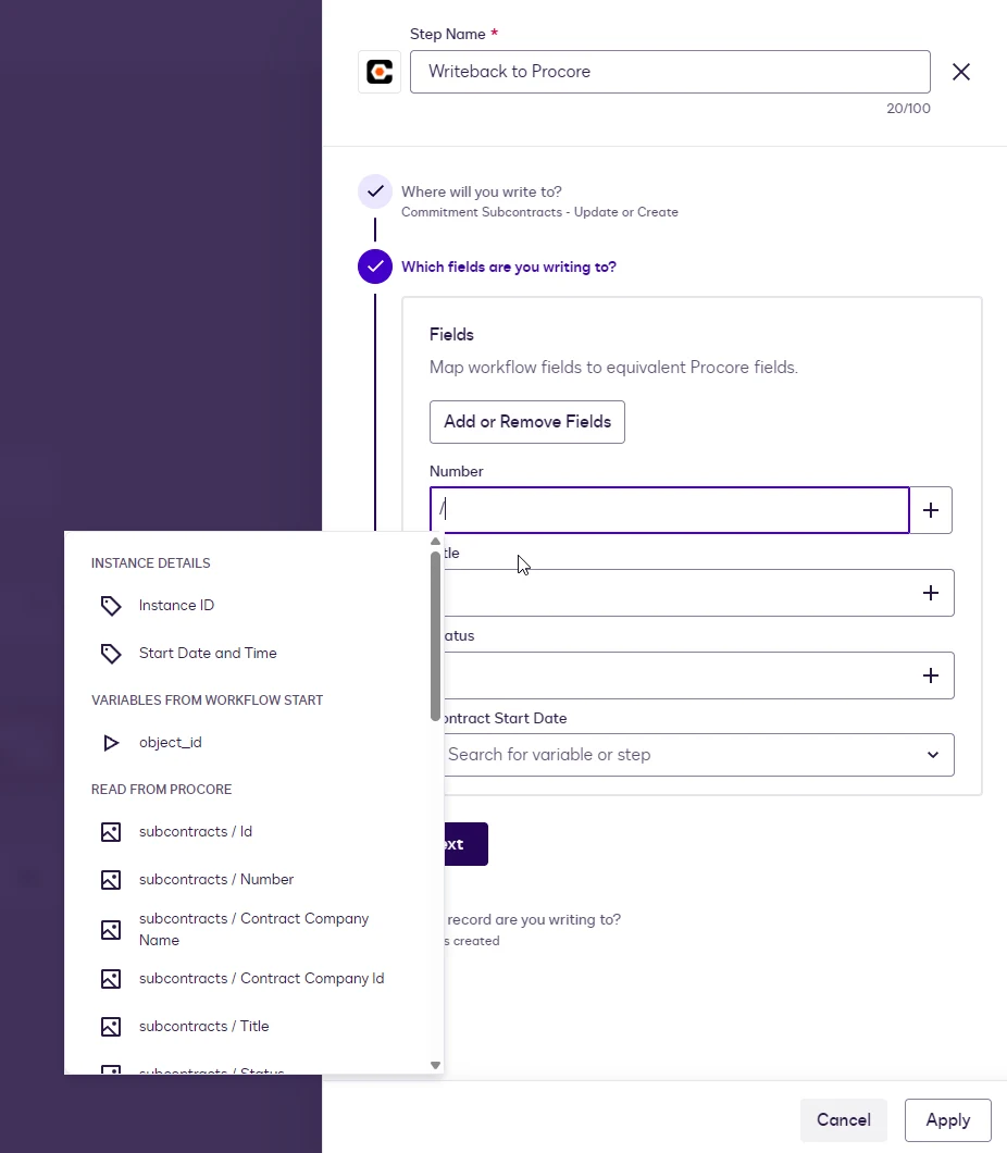 The Writeback Fields step with Number, Title, Status, and Contract Start Date rows and the variable picker open.