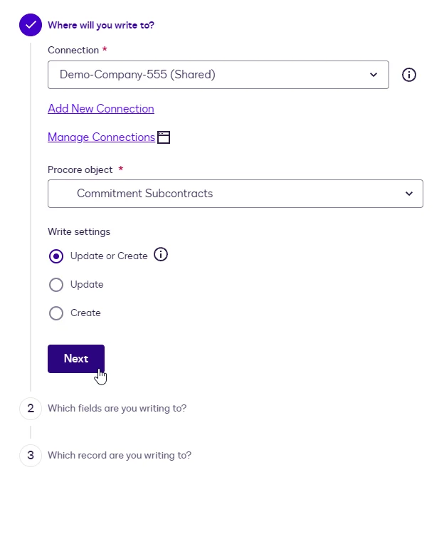 The Write settings with Update or Create selected, and the Update and Create options.