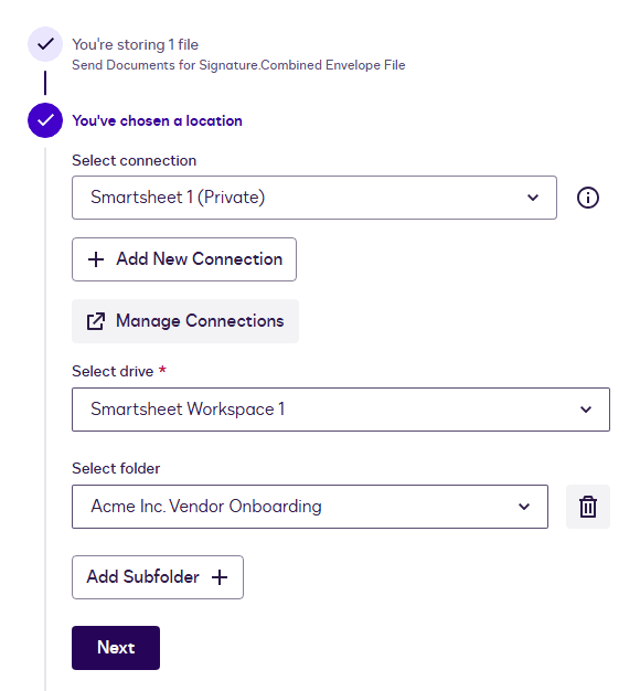 UI showing Smartsheet integration for selecting document storage location and folder.