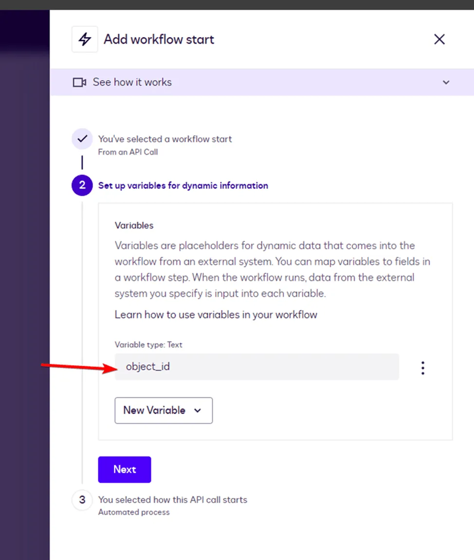 Screenshot of a workflow setup page showing an 'object_id' variable input field.
