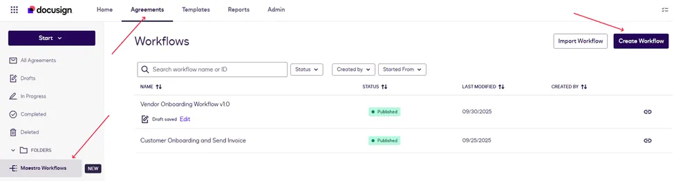 Workflow management dashboard showing a list of processes, search, filter, and creation options.