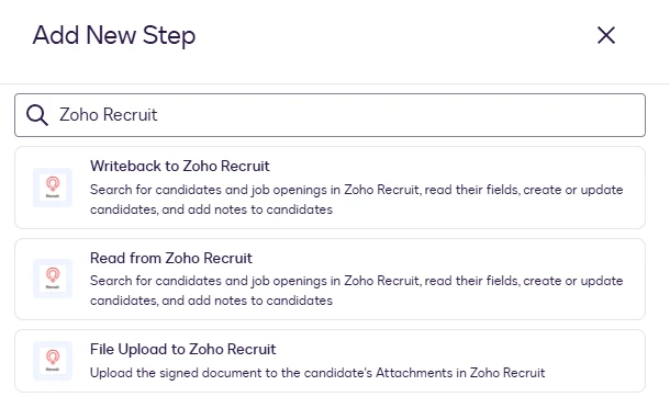 The Add New Step dialog with "Zoho Recruit" searched, showing File Upload to Zoho Recruit, Writeback to Zoho Recruit, and Read from Zoho Recruit.