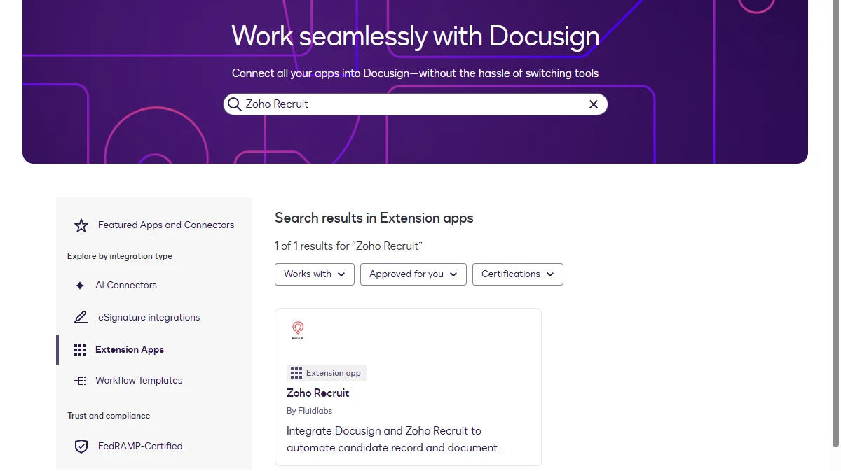 Docusign App Center search results showing the Zoho Recruit extension app by Fluidlabs.
