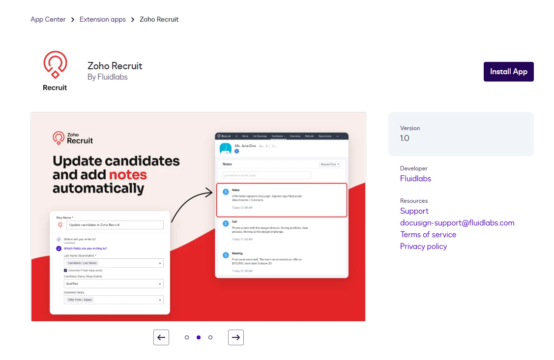 The Zoho Recruit app page in the Docusign App Center with the Install App button.
