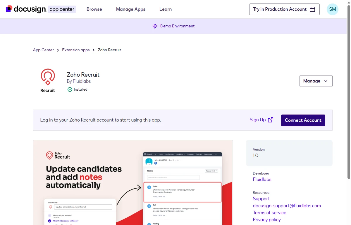 The installed Zoho Recruit app page showing the Connect Account button.
