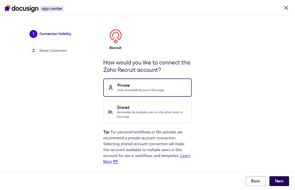 The Connection Visibility step with Private and Shared options.