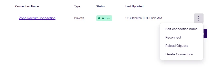 The connections list with the three-dot menu open showing Edit connection name, Reconnect, Reload Objects, and Delete Connection.