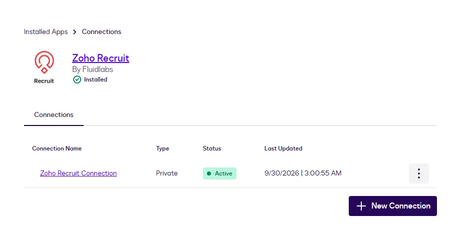 The Zoho Recruit connections list showing a connection with an Active status and the New Connection button.