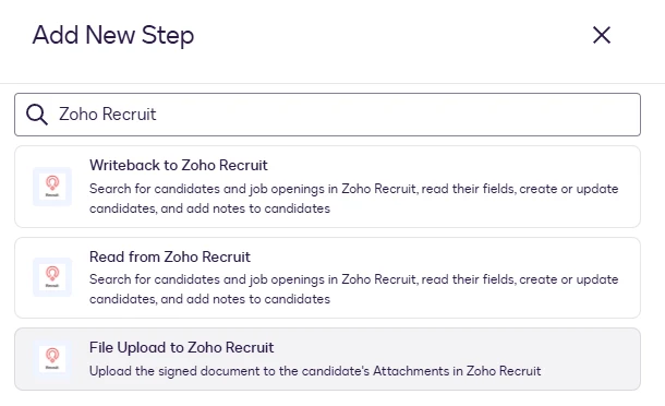 The Add New Step dialog with File Upload to Zoho Recruit highlighted.