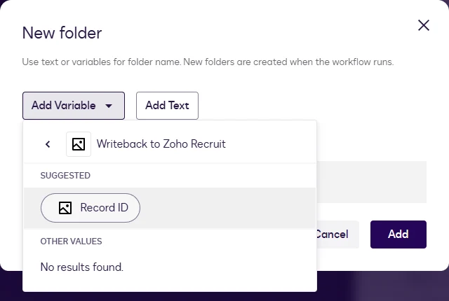 The variable picker with Record ID selected from the Writeback to Zoho Recruit step.