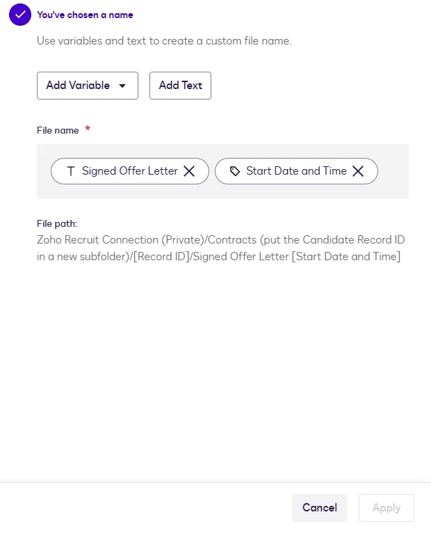 The file name step with text and variable chips.
