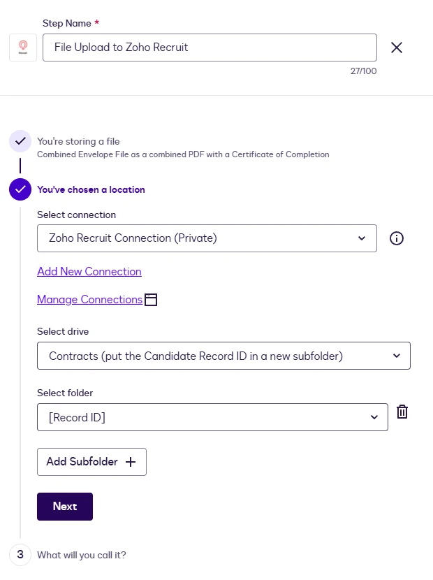 The File Upload location with the connection, the Contracts drive, and a Record ID variable as the folder.