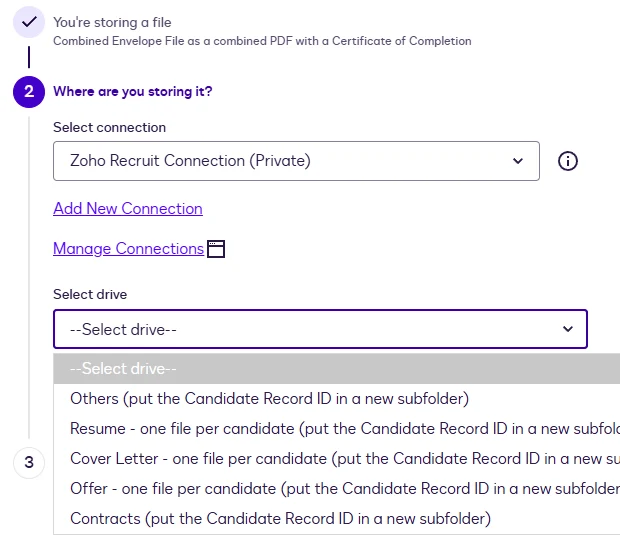 The Select drive dropdown listing Others, Resume, Cover Letter, Offer and Contracts.