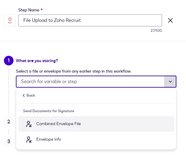 The file picker showing the envelope files of the signing step.