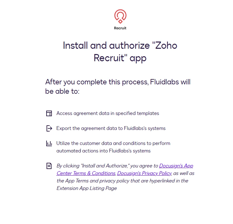 The Install and authorize Zoho Recruit app screen listing the requested access, with the Install and Authorize button.