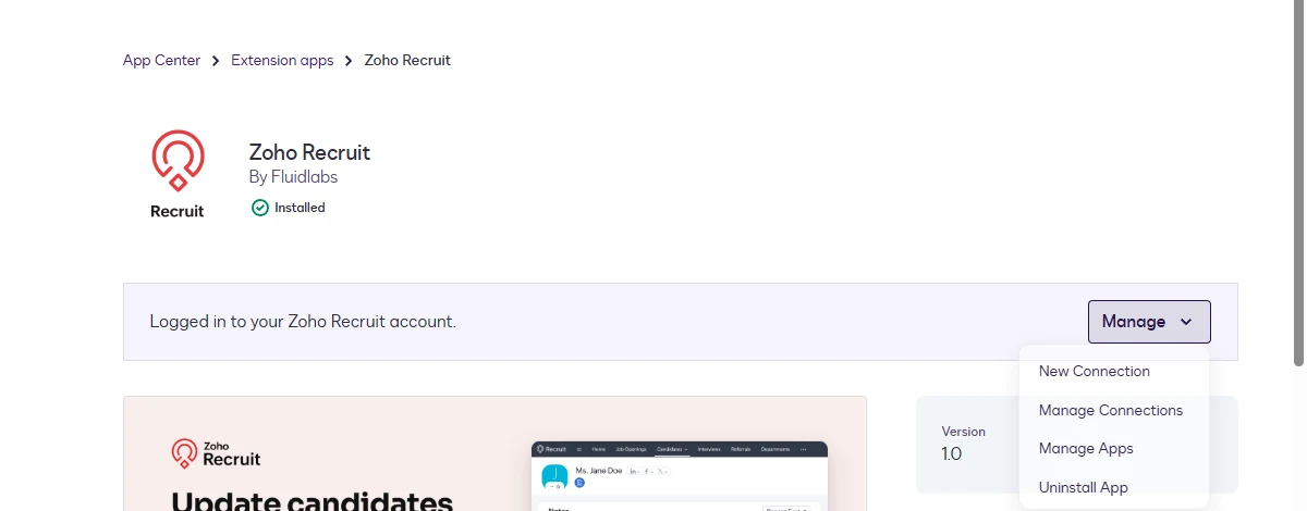 The Manage dropdown on the Zoho Recruit app page showing New Connection, Manage Connections, and Manage Apps.