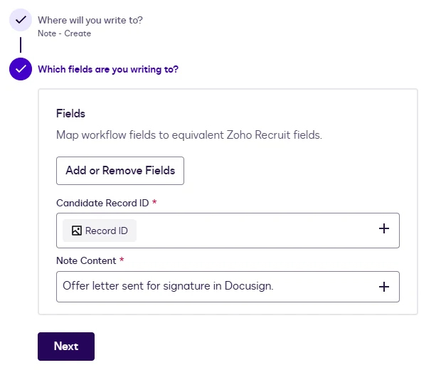 The Note fields: Candidate Record ID mapped to the Writeback step's Record ID, and Note Content.