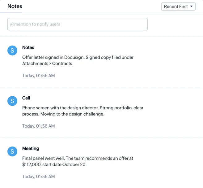Notes on the candidate in Zoho Recruit; the newest, titled Notes, was added by the workflow.