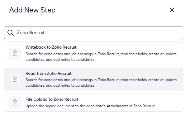 The Add New Step dialog with Read from Zoho Recruit highlighted.