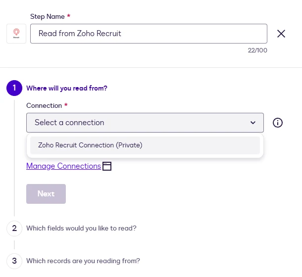 The Read step Connection dropdown showing the Zoho Recruit connection.