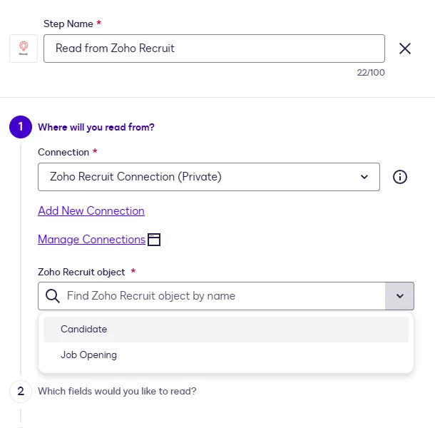 The Zoho Recruit object dropdown showing Candidate and Job Opening.