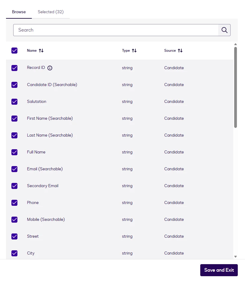 The field browser listing Candidate fields with checkboxes, the searchable ones marked (Searchable).