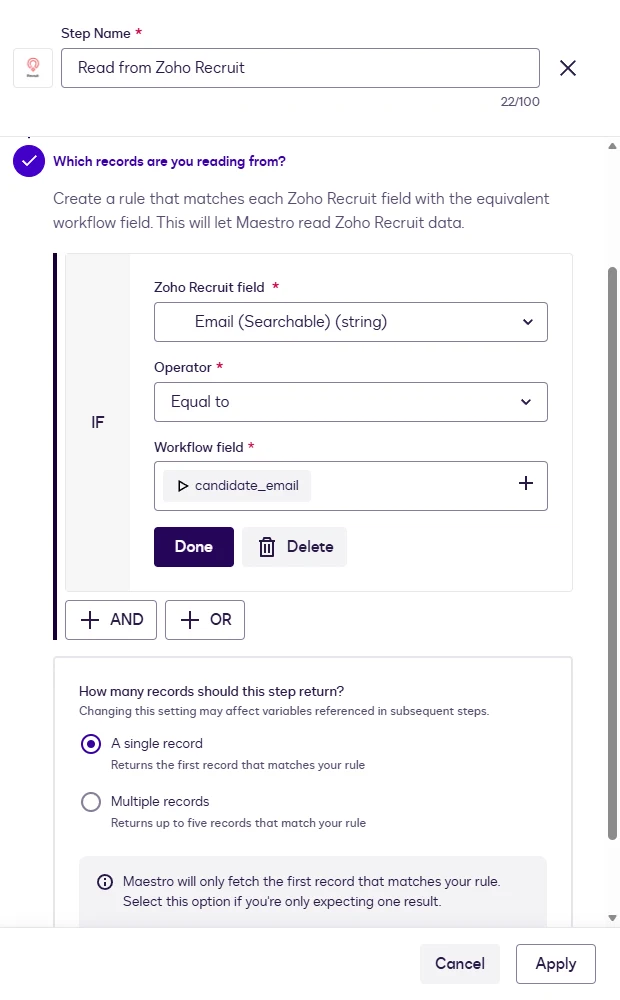 The record-matching rule: Email equals the candidate_email variable, with A single record selected.