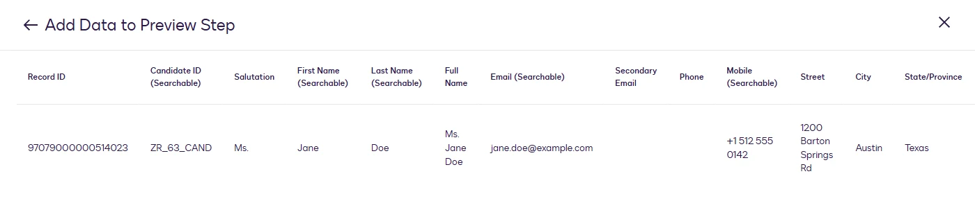 The preview of a Read step showing one candidate's fields as read from Zoho Recruit.