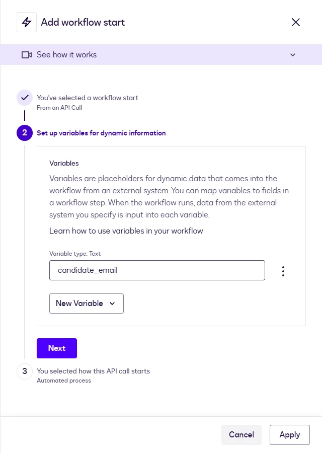 The Add workflow start panel: From an API Call with a Text variable named candidate_email.