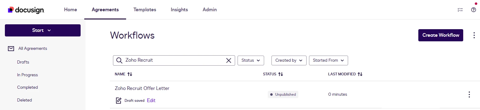 The Docusign Workflows screen with the Create Workflow button.