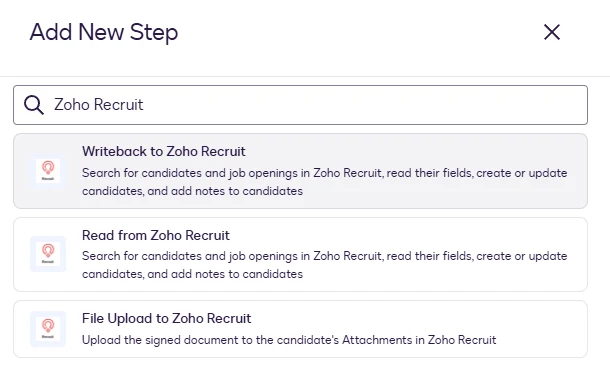 The Add New Step dialog with Writeback to Zoho Recruit highlighted.