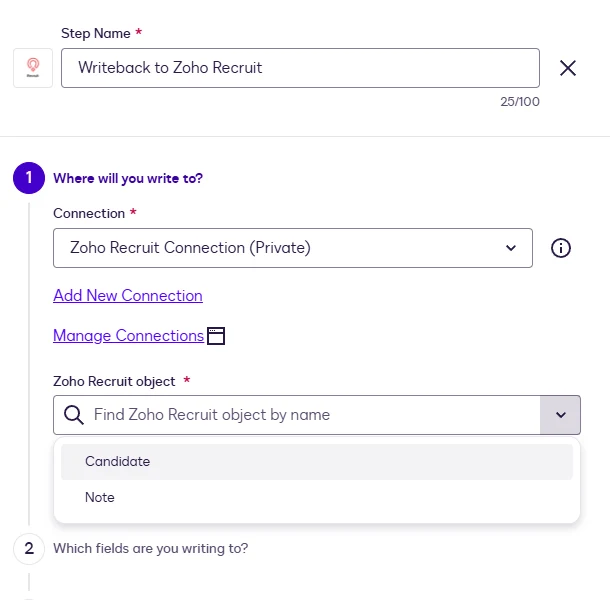 The Zoho Recruit object dropdown for the Writeback step showing Candidate and Note.