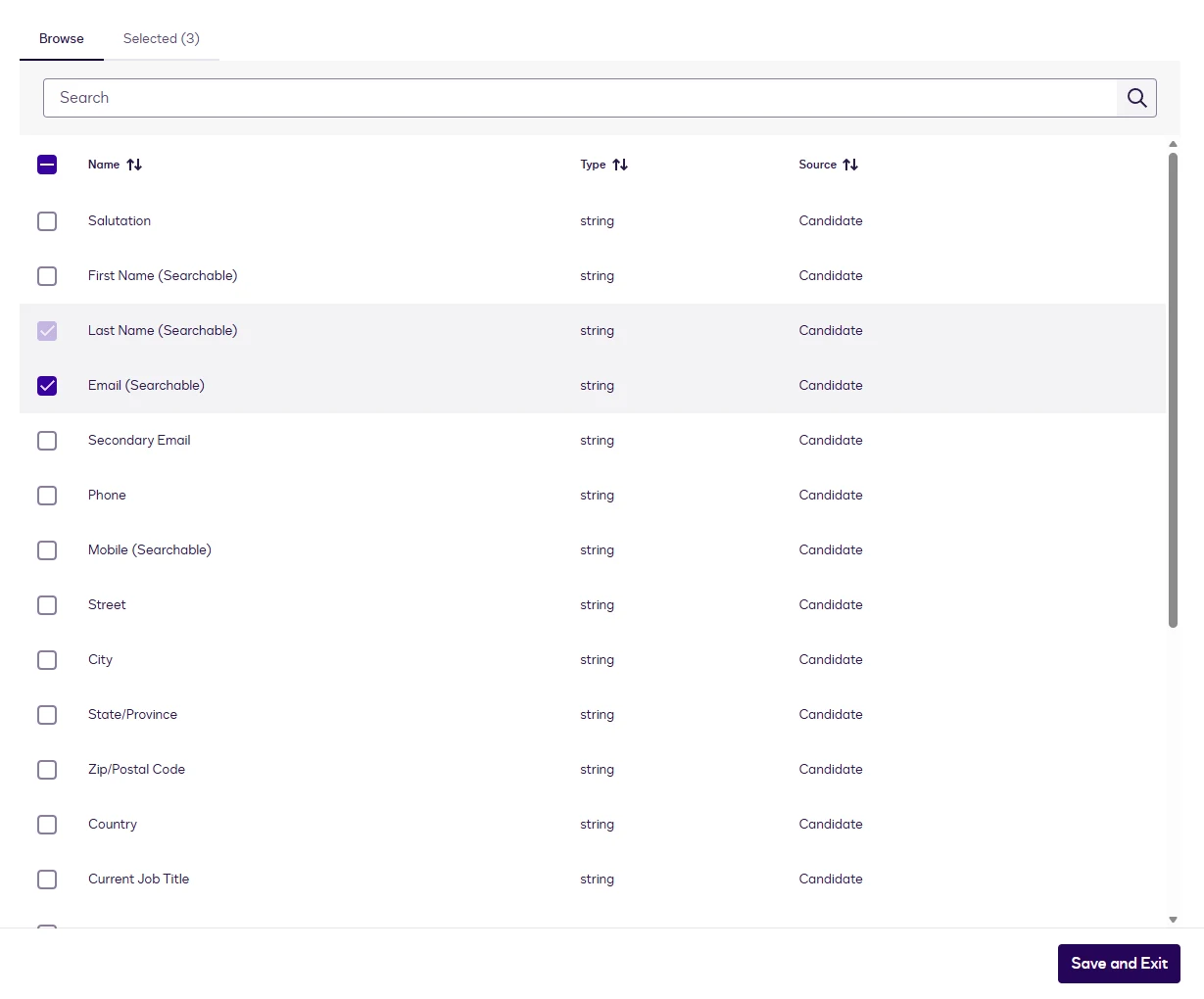 The field browser listing the writable Candidate fields with checkboxes.