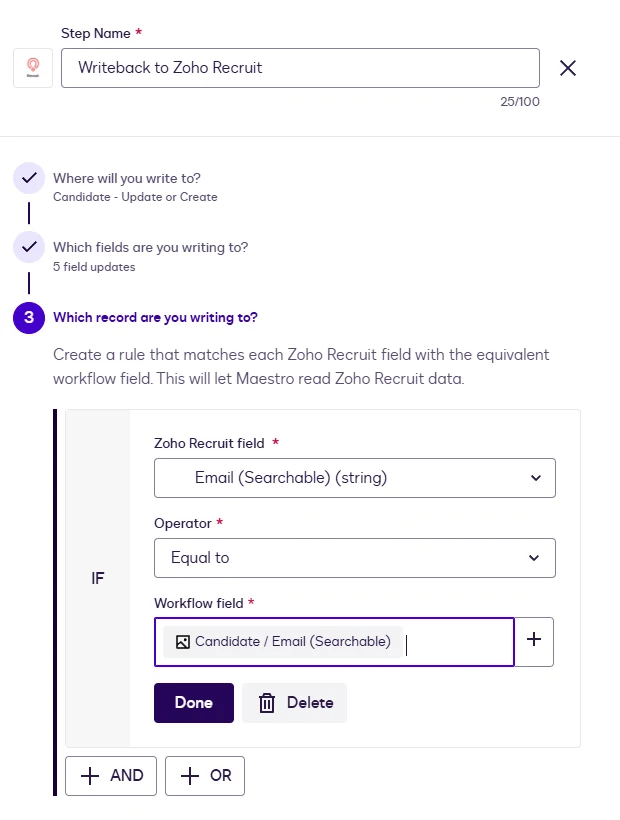 The record-matching rule for Writeback: Email equals the Read step's Email.