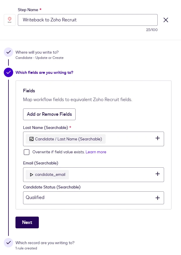 The Writeback step with Last Name, Email and Candidate Status mapped.