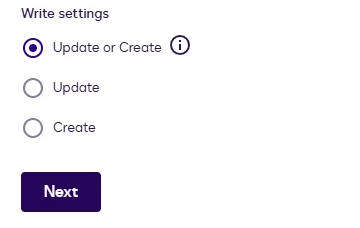 The Write settings options: Update or Create, Update, and Create.