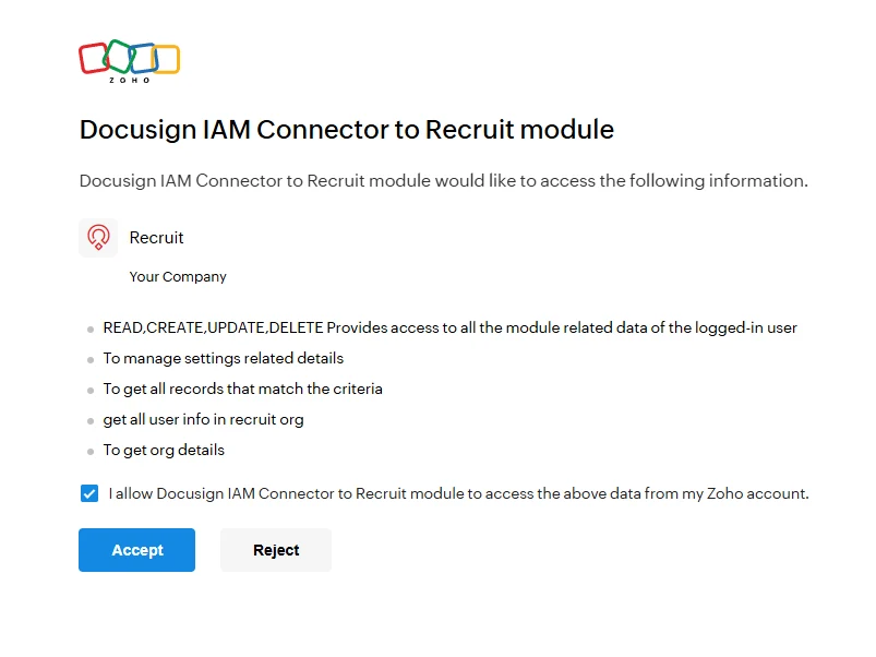 The Zoho consent screen for Docusign IAM Connector to Recruit module listing the requested access, with Accept and Reject buttons.