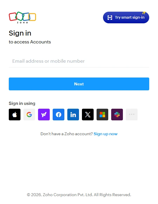 The Zoho sign-in page asking for an email address or mobile number.